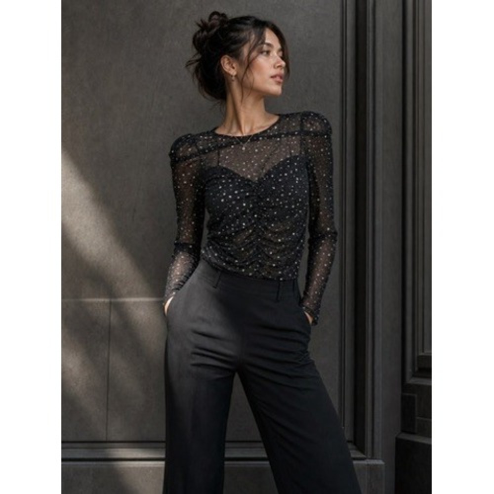 Express Women Black Silver Star Mesh Ruched Long Sleeve Top Small Edgy Celestial